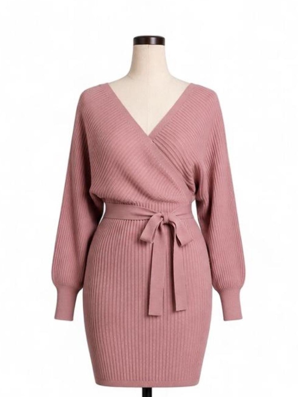 Mauve Pink Ribbed Wrap Dress Tie Waist Long Sleeve Bodycon L